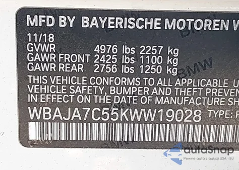 2019 BMW 530I xDrive из США, поврежденный, VIN WBAJA7C55KWW19028